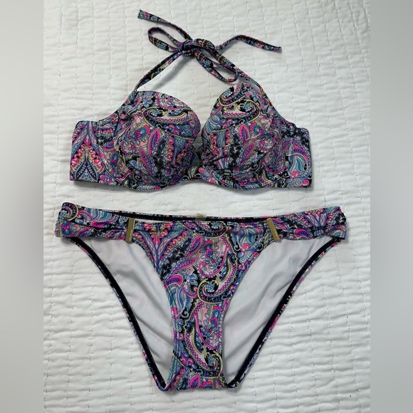 Victoria's Secret Pink and Blue Halter Bikini Set Size 34D - Picture 2 of 13